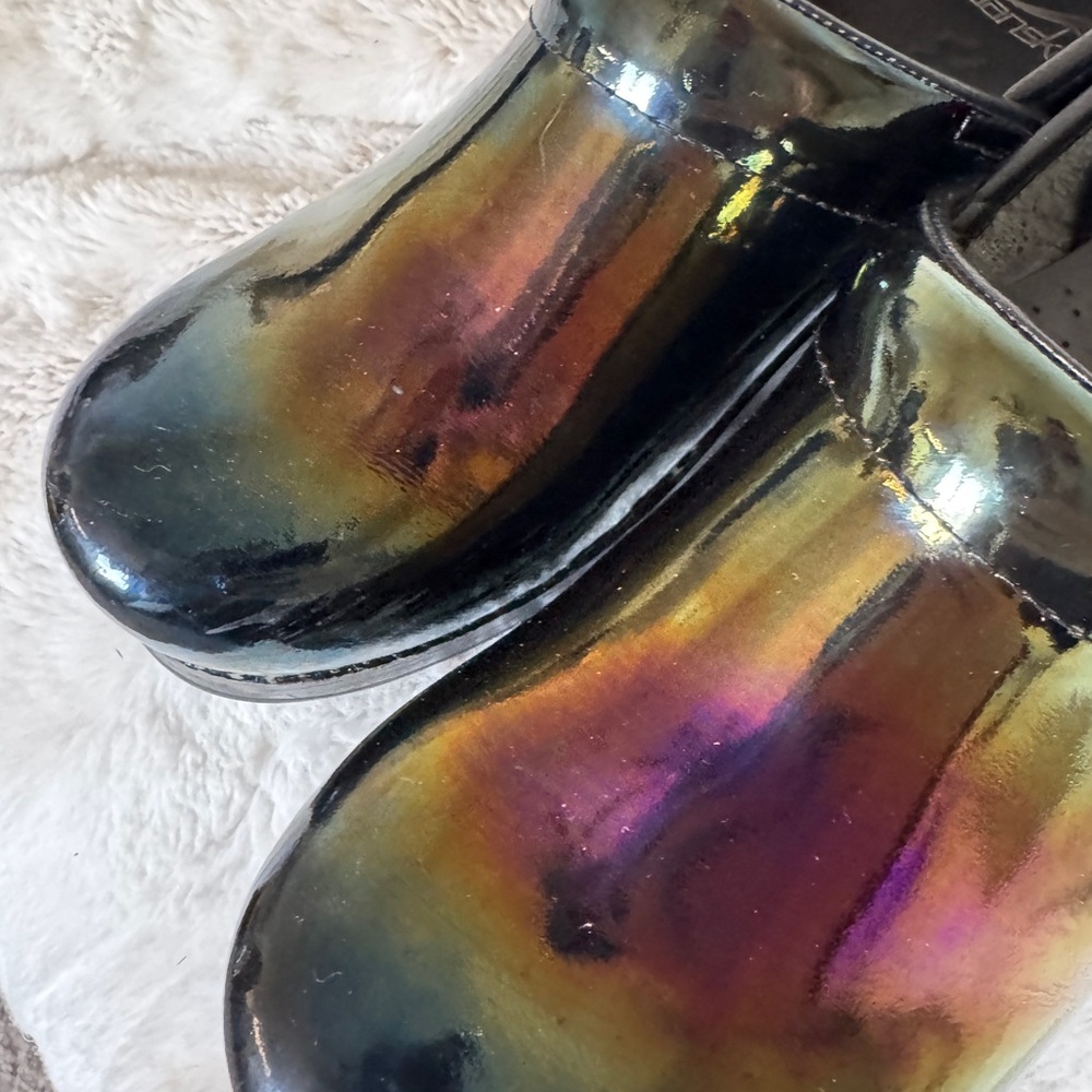 Dansko Black and Purple Mules with Iridescent Finish